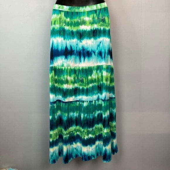 CHICO'S Bright Green Blue Striped Tie Dye Tiered Maxi Skirt Elastic Waist Size S - Picture 3 of 12
